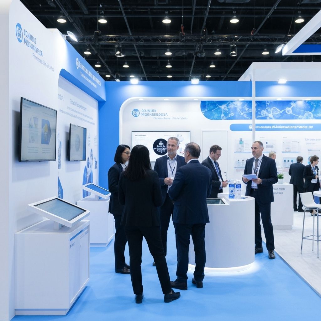 Diverse group of professionals in varied business attire discussing at a modern pharmaceutical conference booth with digital displays and technology screens